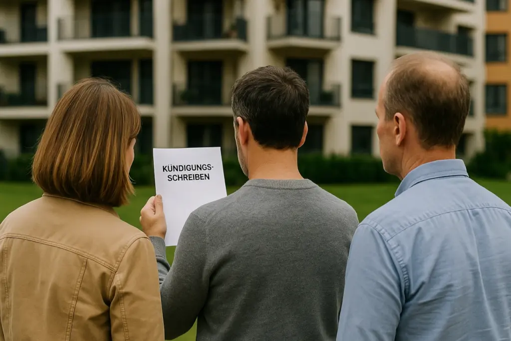 Drei Personen blicken auf ein Kündigungsschreiben vor einer Wohnanlage – Thema: Kündigung durch Hausverwaltung