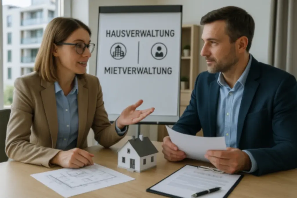 Zwei Immobilienverwalter besprechen Zuständigkeiten bei Hausverwaltung und Mietverwaltung anhand eines Architekturplans und eines Vertragsmodells.