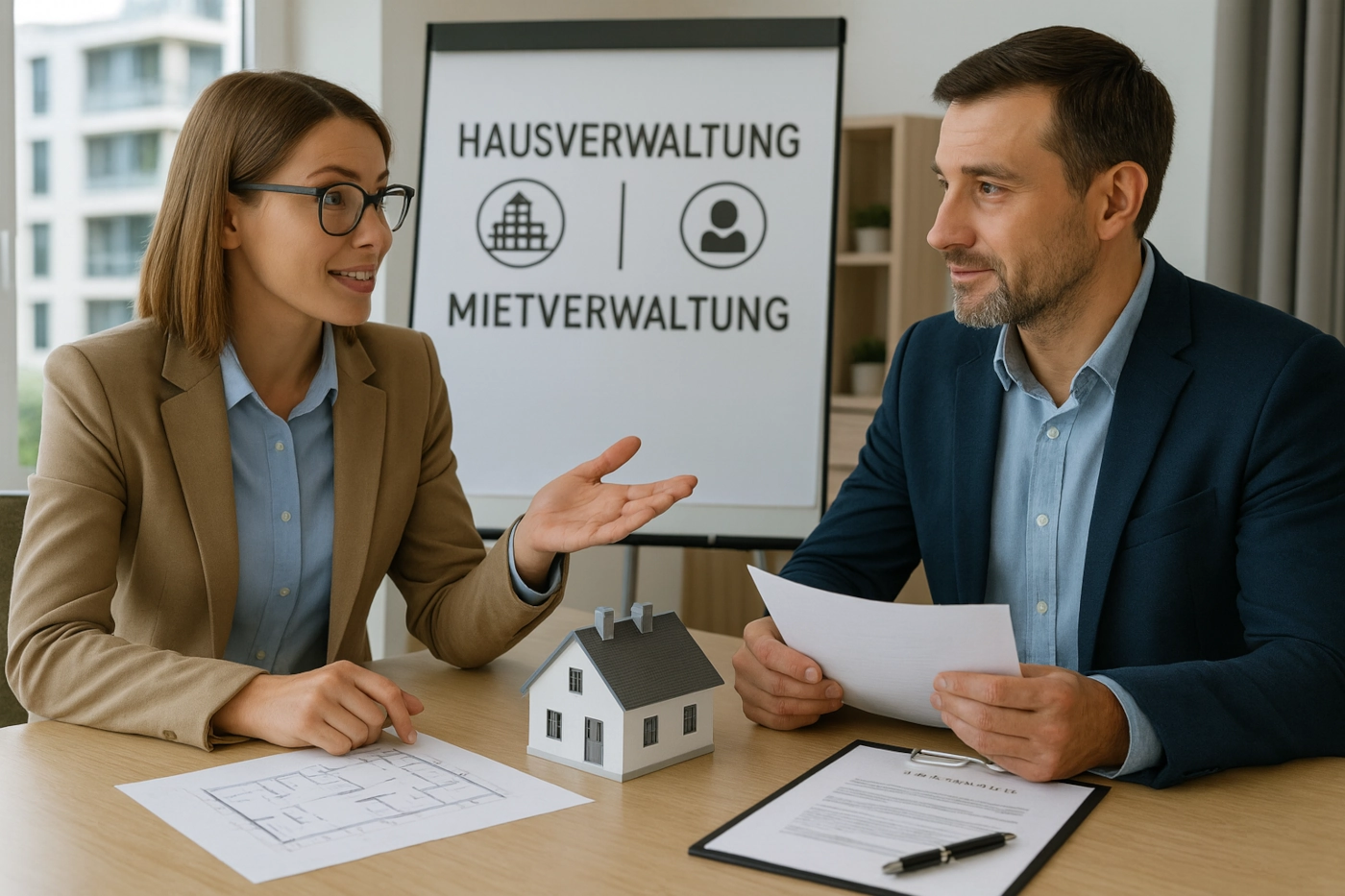 Zwei Immobilienverwalter besprechen Aufgabenverteilung zwischen Hausverwaltung und Mietverwaltung an einem Tisch mit Modellhaus, Bauplan und Vertragsunterlagen.