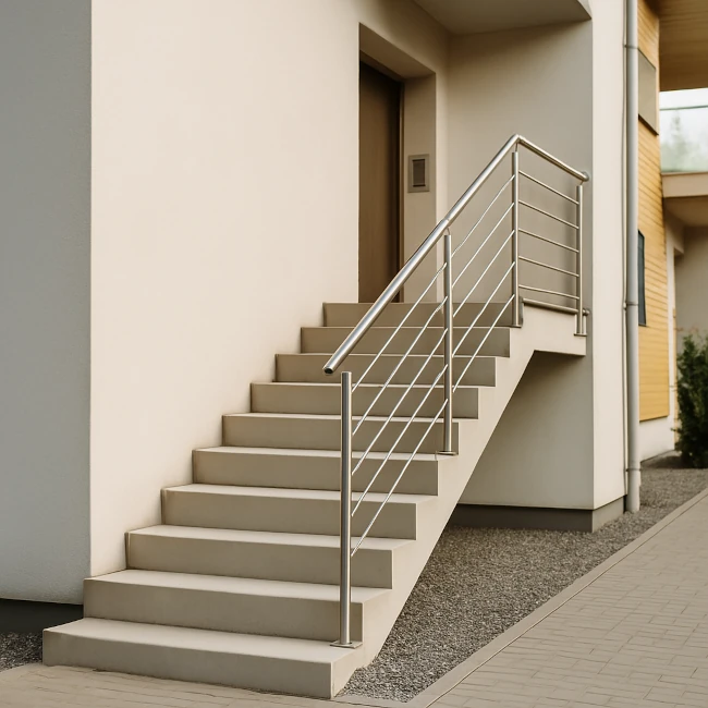 Modernes Treppenhaus mit Edelstahlgeländer als Symbolbild für Wohnanlagen in Vorarlberg