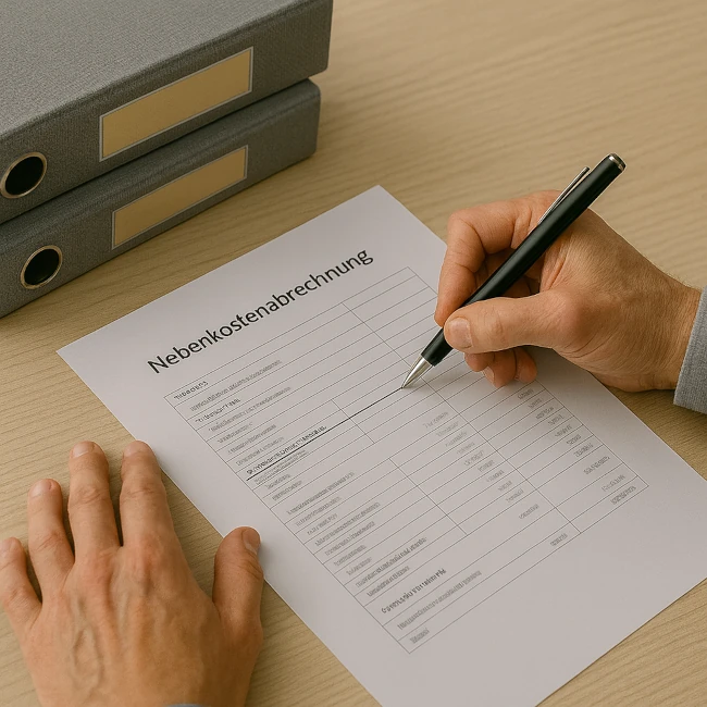 Symbolfoto: Hand prüft eine Nebenkostenabrechnung mit Stift, daneben graue Ordner – Sinnbild für Hausverwaltung in Vorarlberg