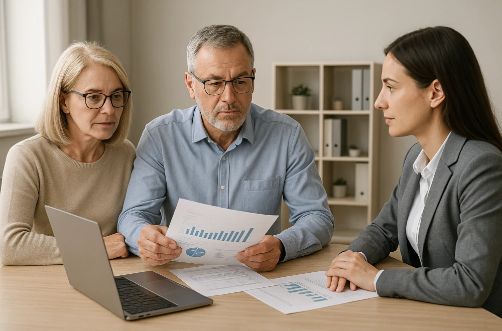 Symbolfoto einer Beratungssituation zwischen Eigentümern und Hausverwalterin mit Fokus auf Abrechnungen in Vorarlberg